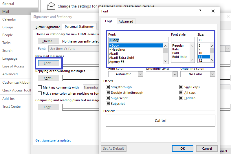 how do i increase font size in outlook 2016